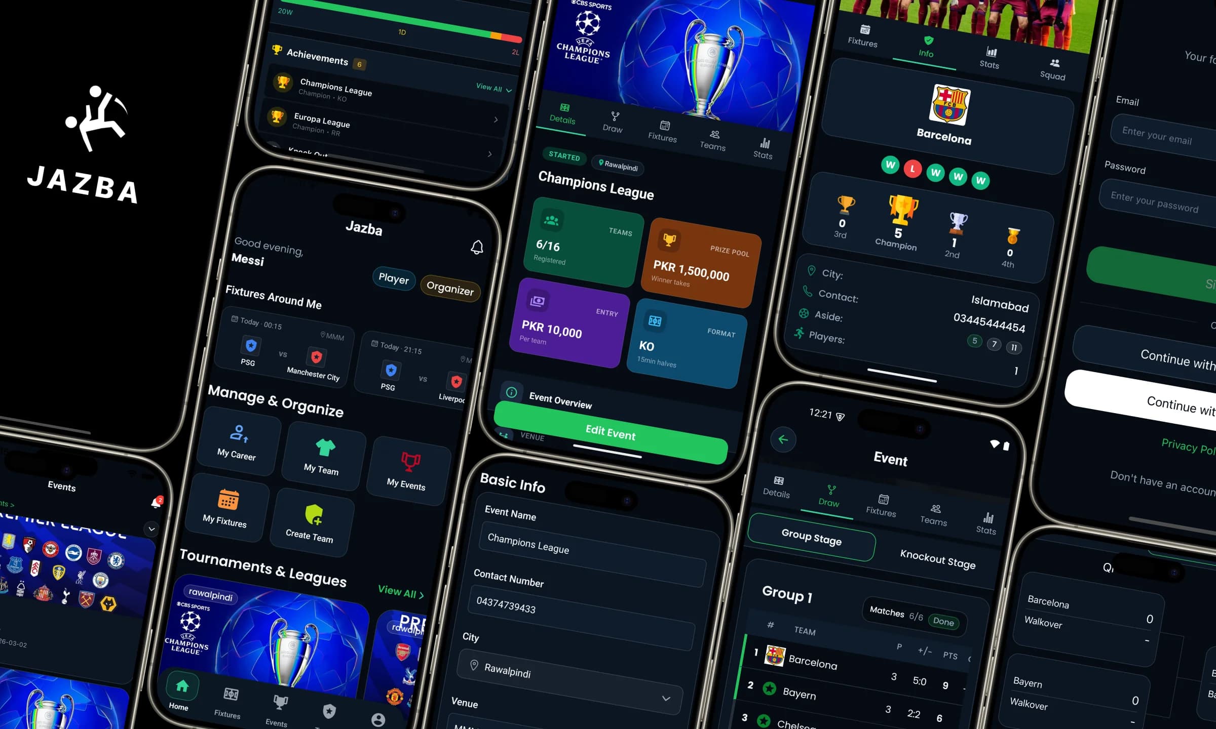 Jazba app screens, match details, player profiles, tournament brackets, team management, and standings