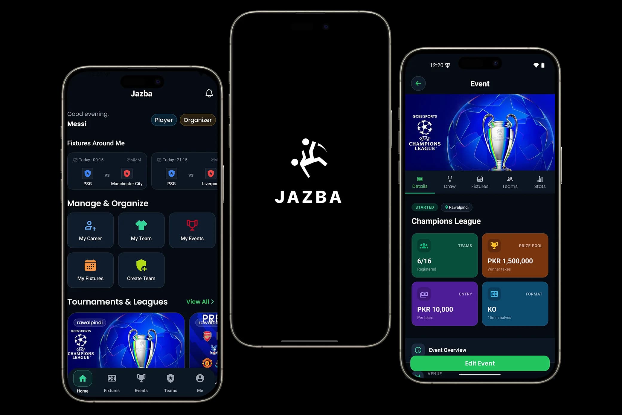 Jazba app, player profiles, match results, tournament brackets, and team management screens